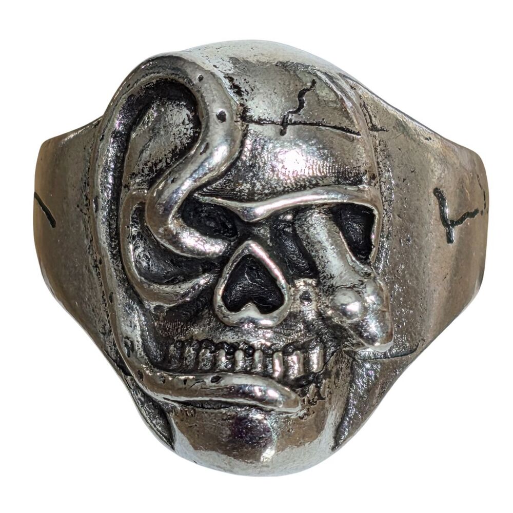 Rare Siver Tone Metal Skull Snake Ring Men's Size 9 Biker Goth Rocker